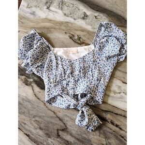 Altar'd State Blue White Floral Puff Sleeve Crop Top Back Tie‎ S